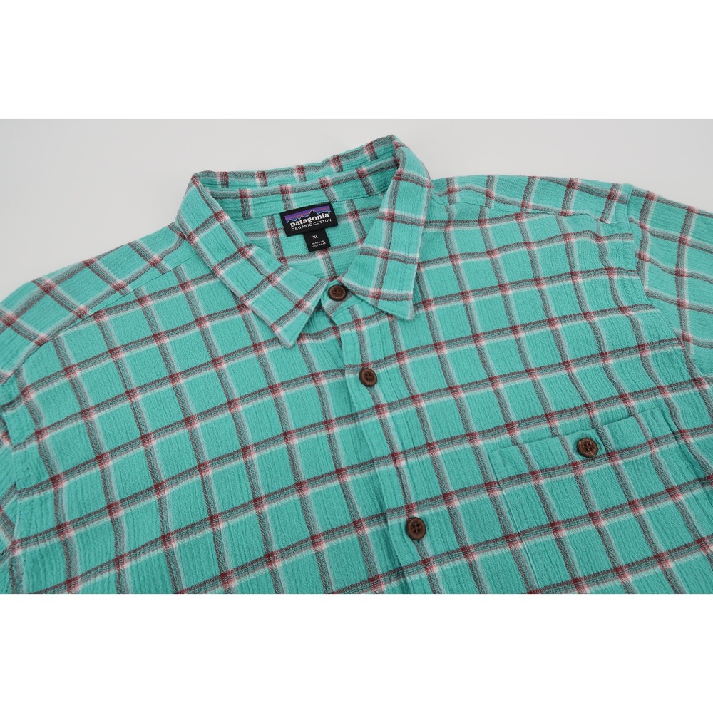 Patagonia A/C Shirt Mens XL Blue Teal Plaid Seersucker Organic Cotton Summer